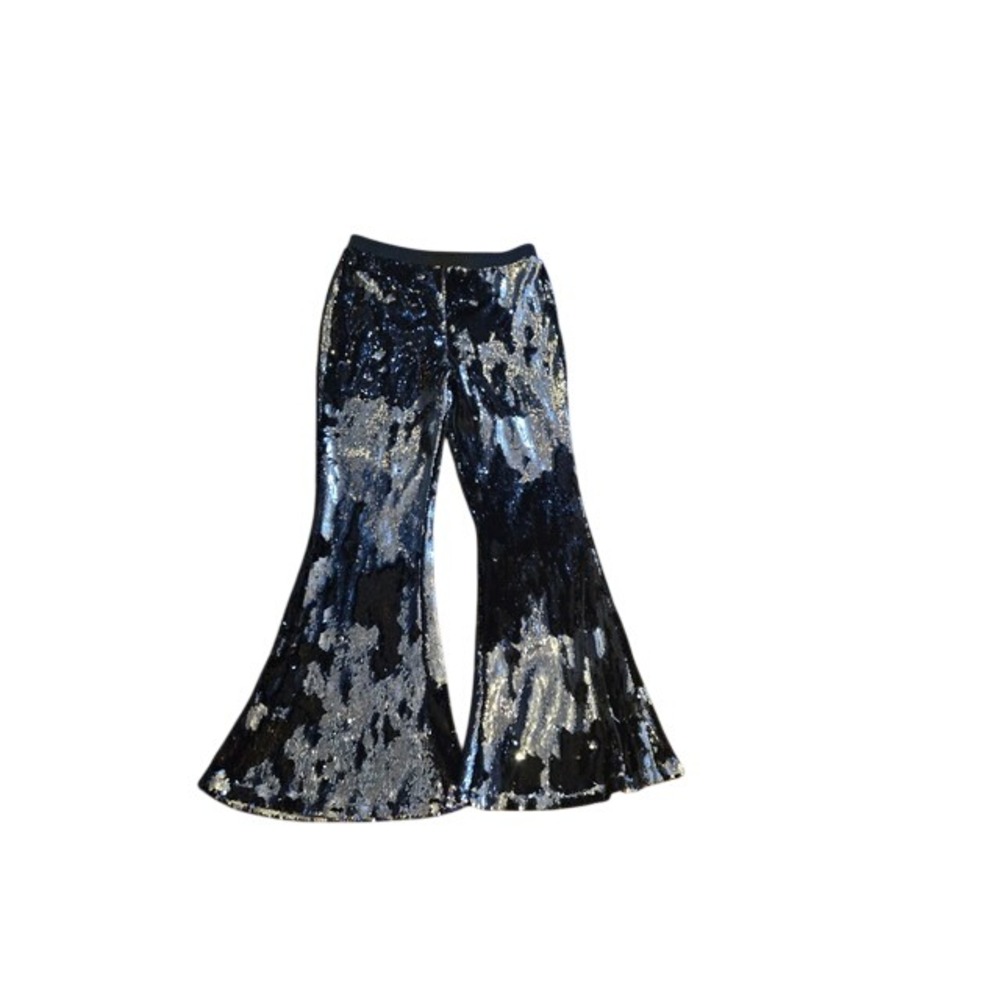 Halloween Costumes Silver Black Reverse Sequin Flare Pants Bell Bottom Disco